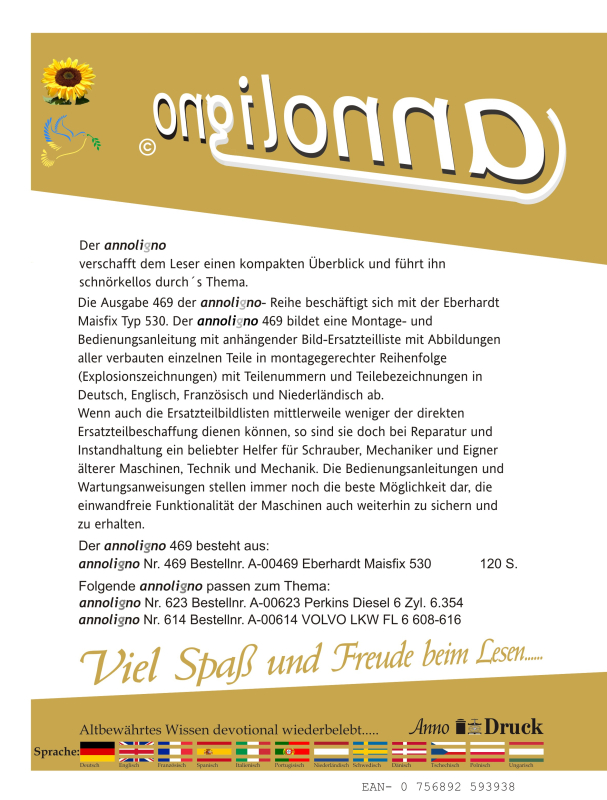 Eberhardt Maishäcksler Typ Maisfix 530 Bild- Bedienungsanleitung & Bild- Ersatzteilliste & Explosionszeichnungen - annoligno469